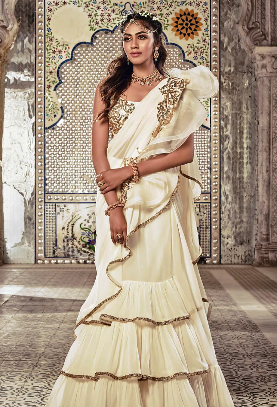 Ivory Ruffle Saree Set