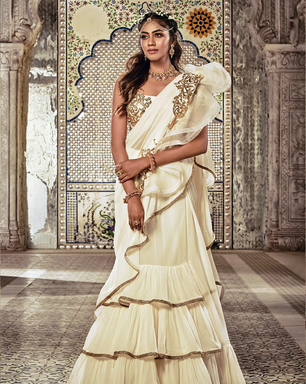 Ivory Ruffle Sari