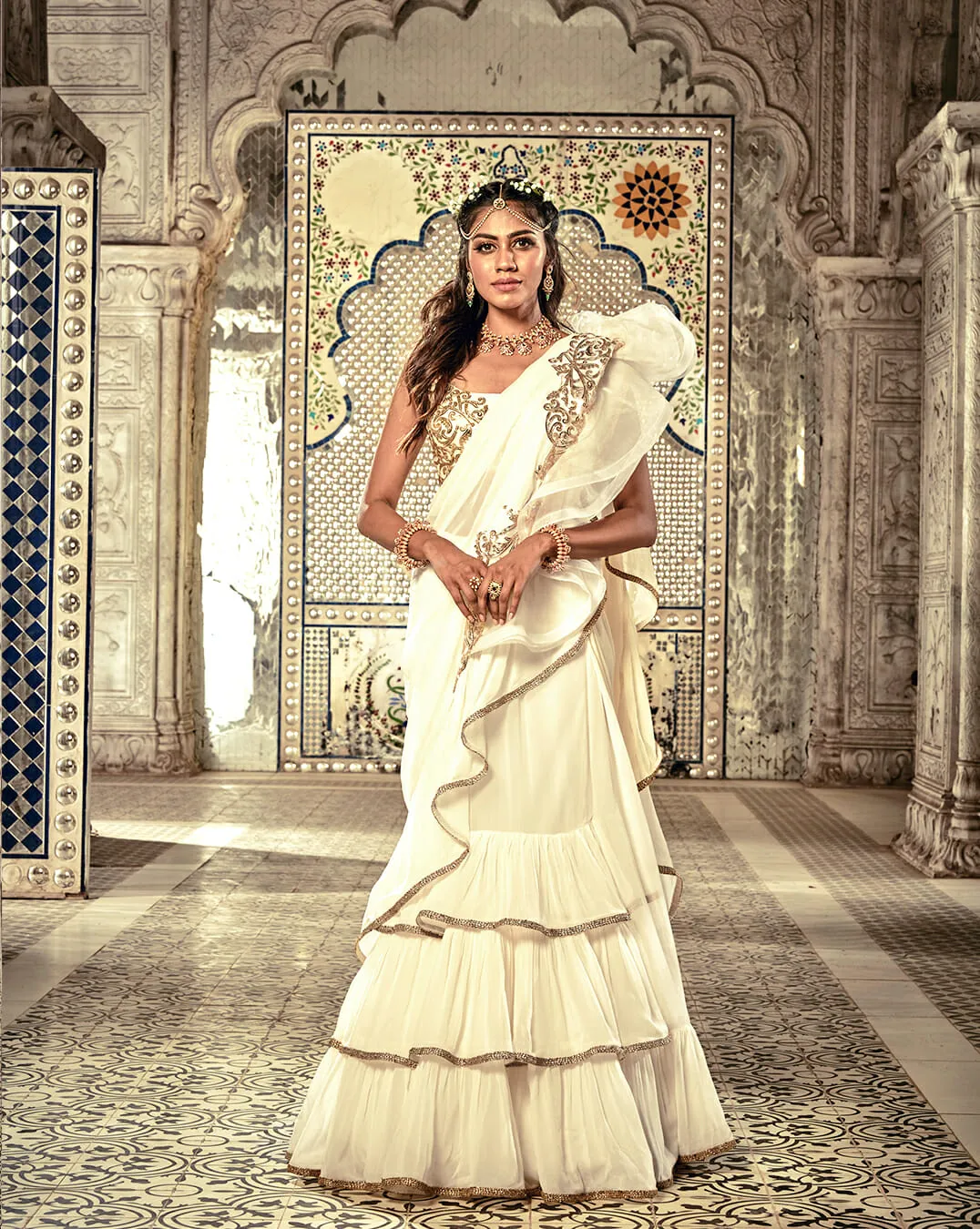 Ivory Ruffle Sari