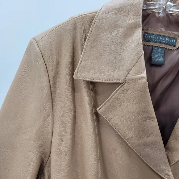 Jessica‎ Holbrook Tan Leather 3 Button Bohemian Classic Lined Jacket Coat