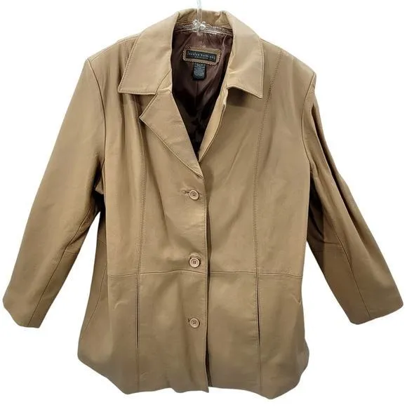 Jessica‎ Holbrook Tan Leather 3 Button Bohemian Classic Lined Jacket Coat