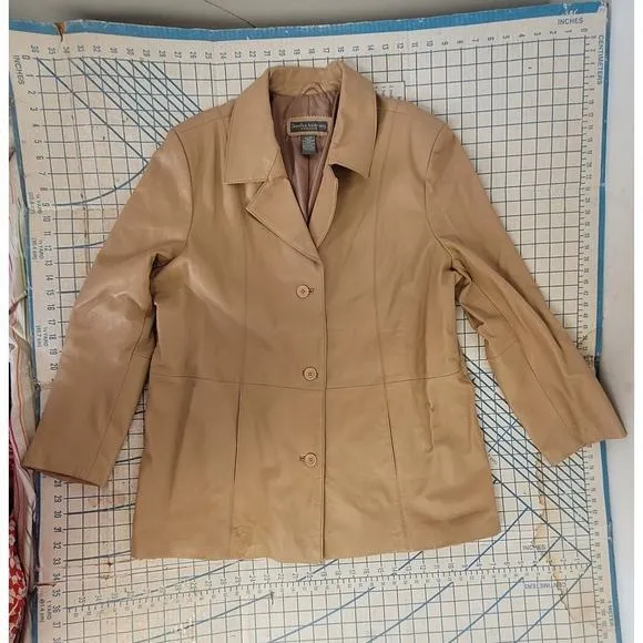 Jessica‎ Holbrook Tan Leather 3 Button Bohemian Classic Lined Jacket Coat