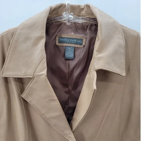 Jessica‎ Holbrook Tan Leather 3 Button Bohemian Classic Lined Jacket Coat
