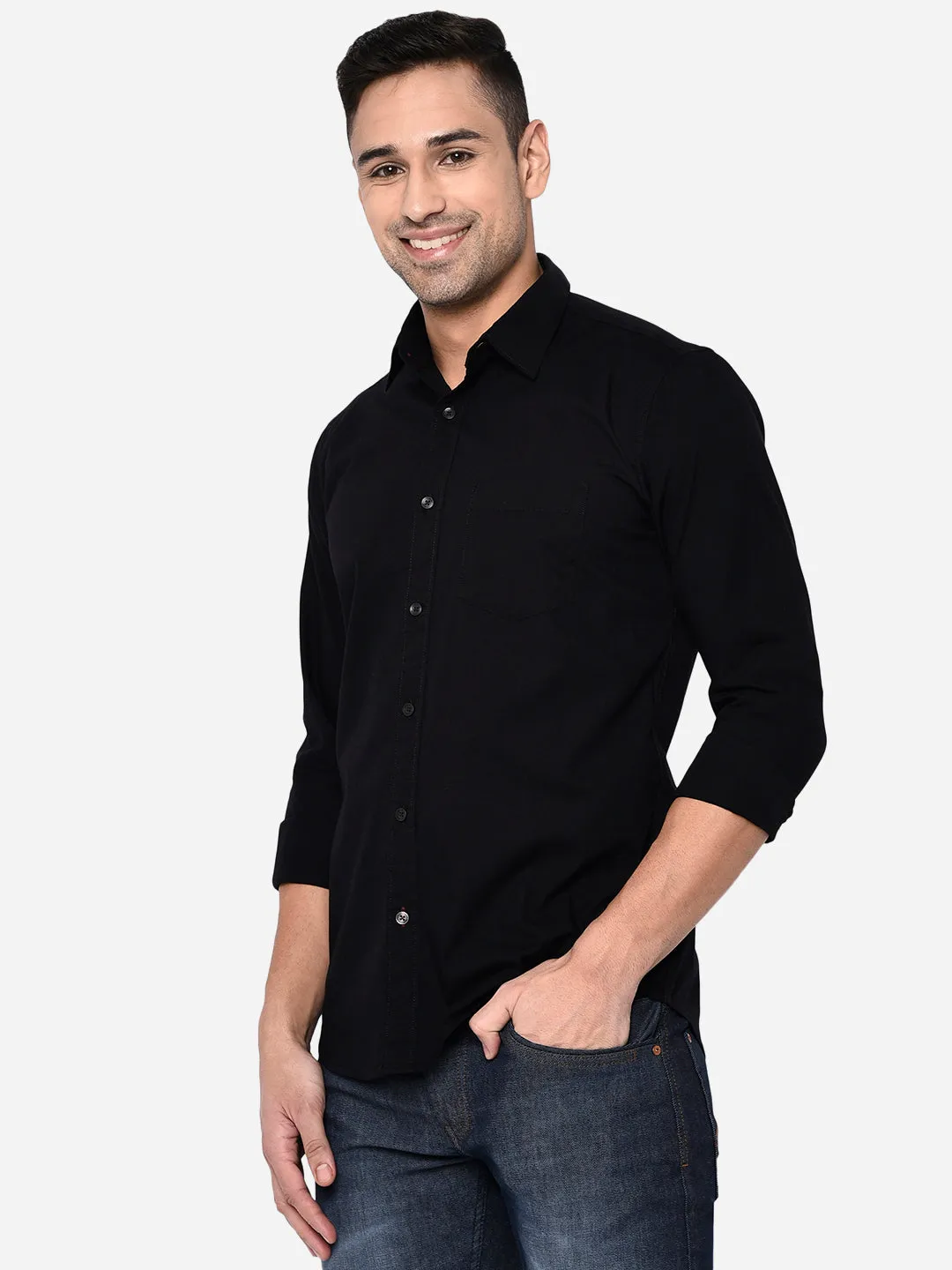 Jet Black Solid Slim Fit Semi Casual Shirt | JadeBlue