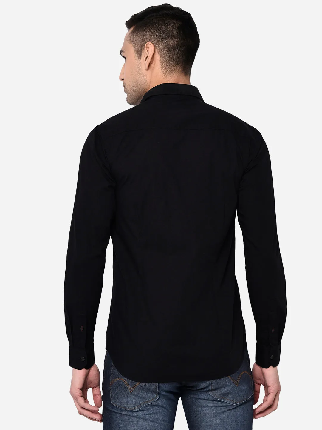 Jet Black Solid Slim Fit Semi Casual Shirt | JadeBlue