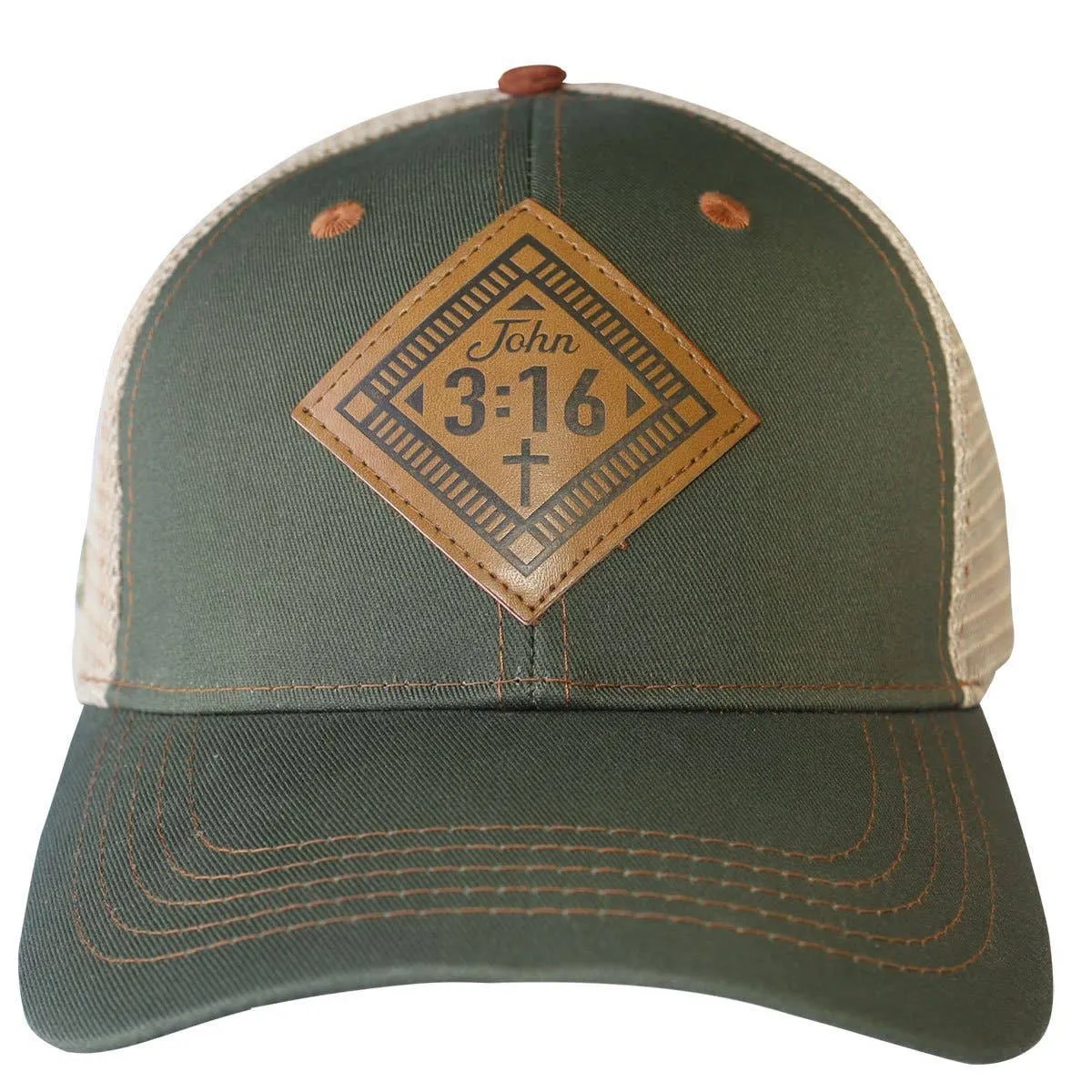 Kerusso Mens Cap John 3:16 Leather: One Size Fits Most / Military Green/Tan