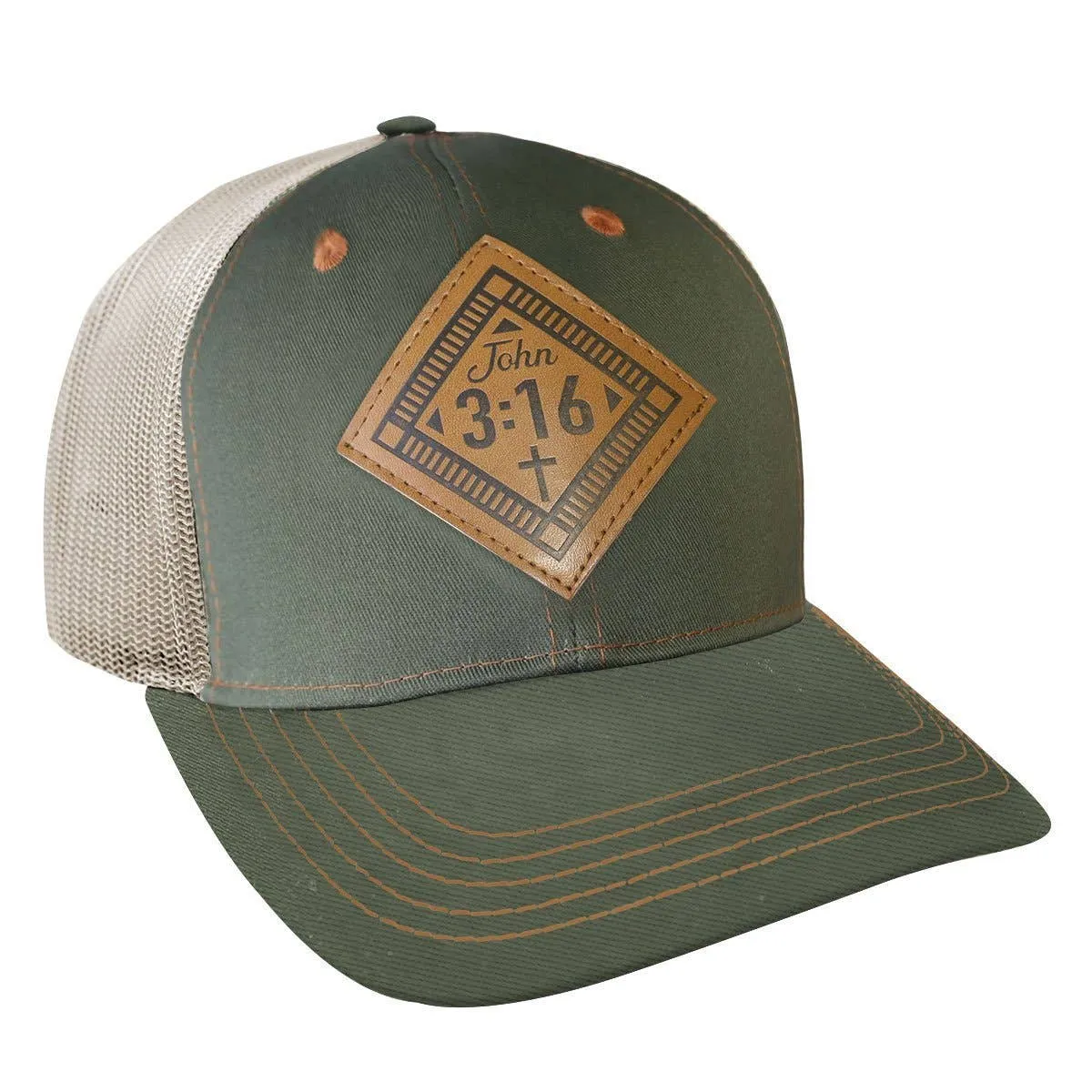 Kerusso Mens Cap John 3:16 Leather: One Size Fits Most / Military Green/Tan