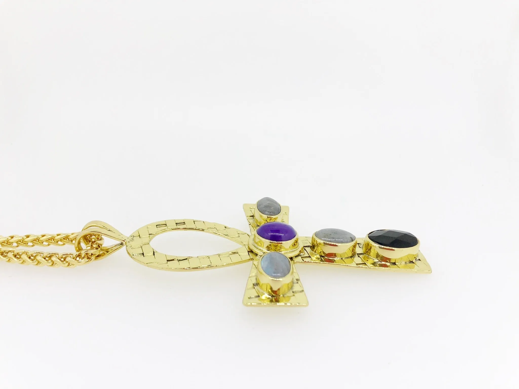 Key of Life Sacred Ankh pendant Labradorite, Amethyst & Onyx