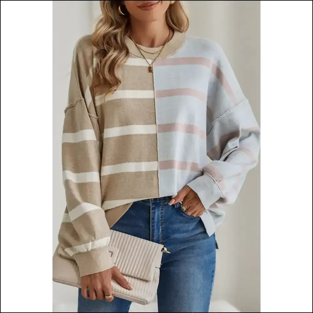 Khaki Stripe Exposed Seam Loose Sweatshirt: Steal Hearts