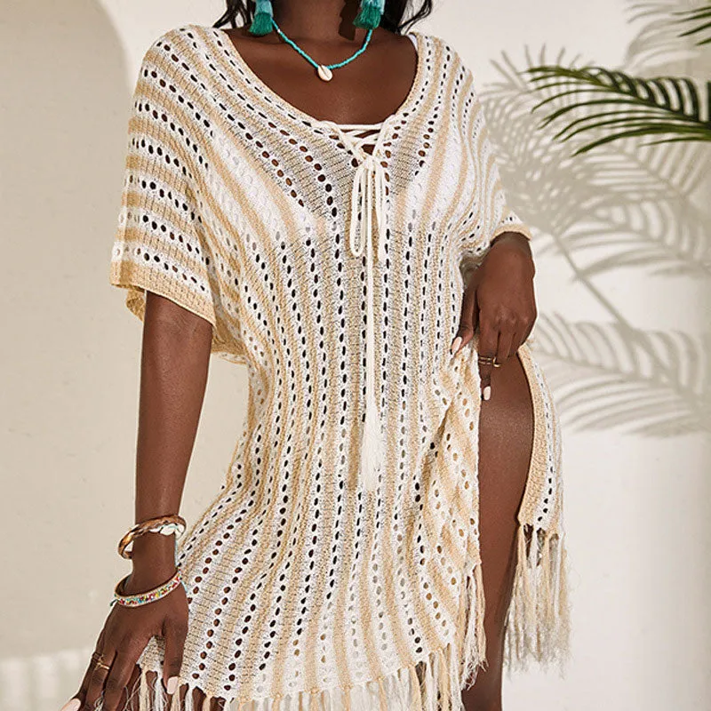 Knitted Hollow Out Tassel Design Beach Cover Up Dress