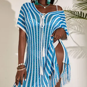 Knitted Hollow Out Tassel Design Beach Cover Up Dress