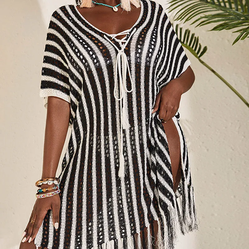 Knitted Hollow Out Tassel Design Beach Cover Up Dress