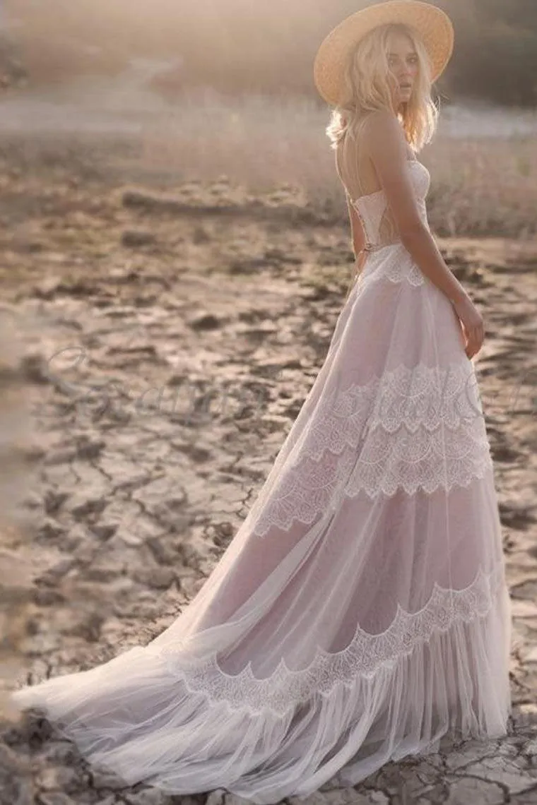 Lace Boho Spaghetti Straps Wedding Dress Tulle Long A-line Bridal Dress OKU66