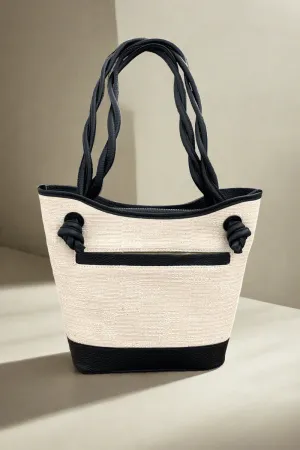 Large Black Leather and Canvas Handbag