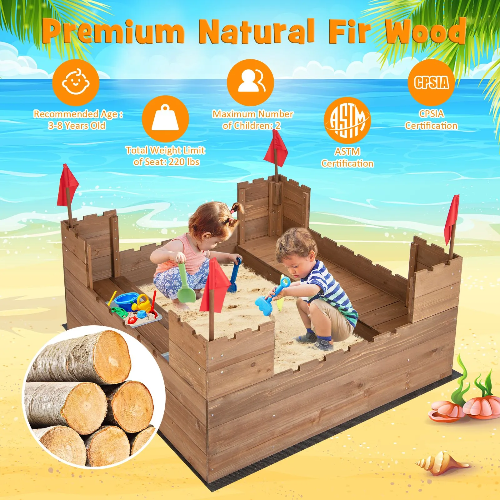 Large Castle Themed Eco 100% Natural Cedar Wood Waterproof Sandpit | Seating | Storage | 3-8 years