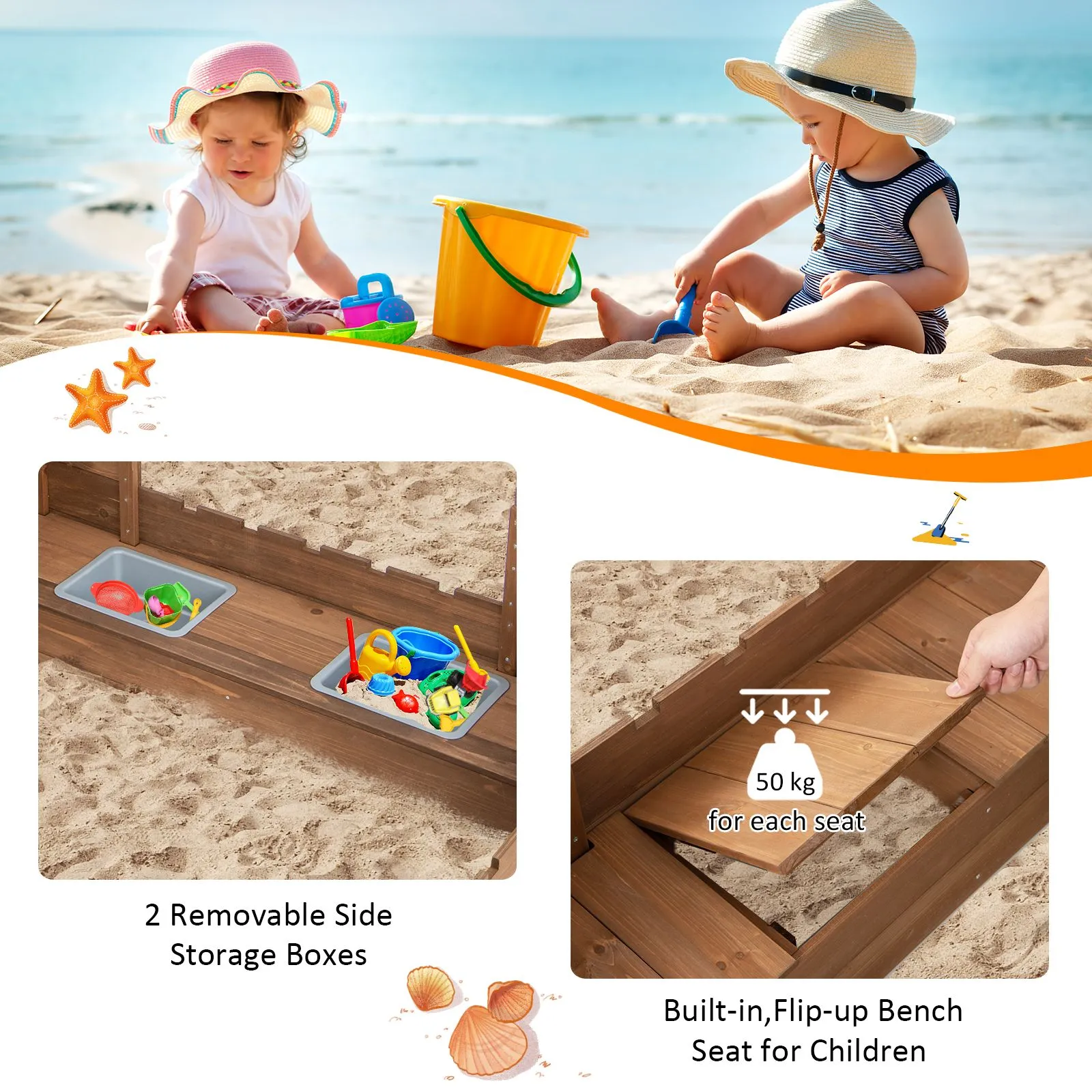 Large Castle Themed Eco 100% Natural Cedar Wood Waterproof Sandpit | Seating | Storage | 3-8 years