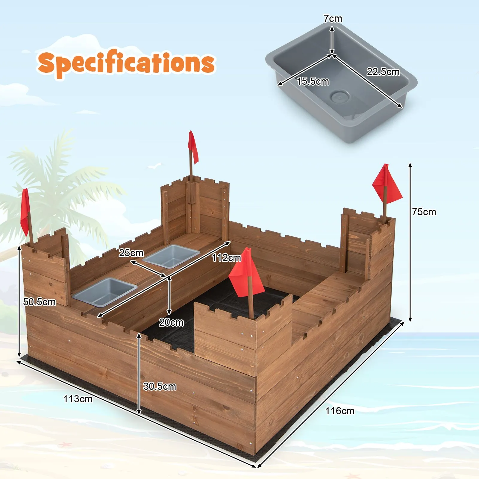 Large Castle Themed Eco 100% Natural Cedar Wood Waterproof Sandpit | Seating | Storage | 3-8 years