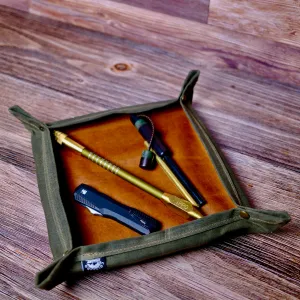 Large Leather Lined Lined Waxed Canvas Desk Caddy Organinzer Tray Butler