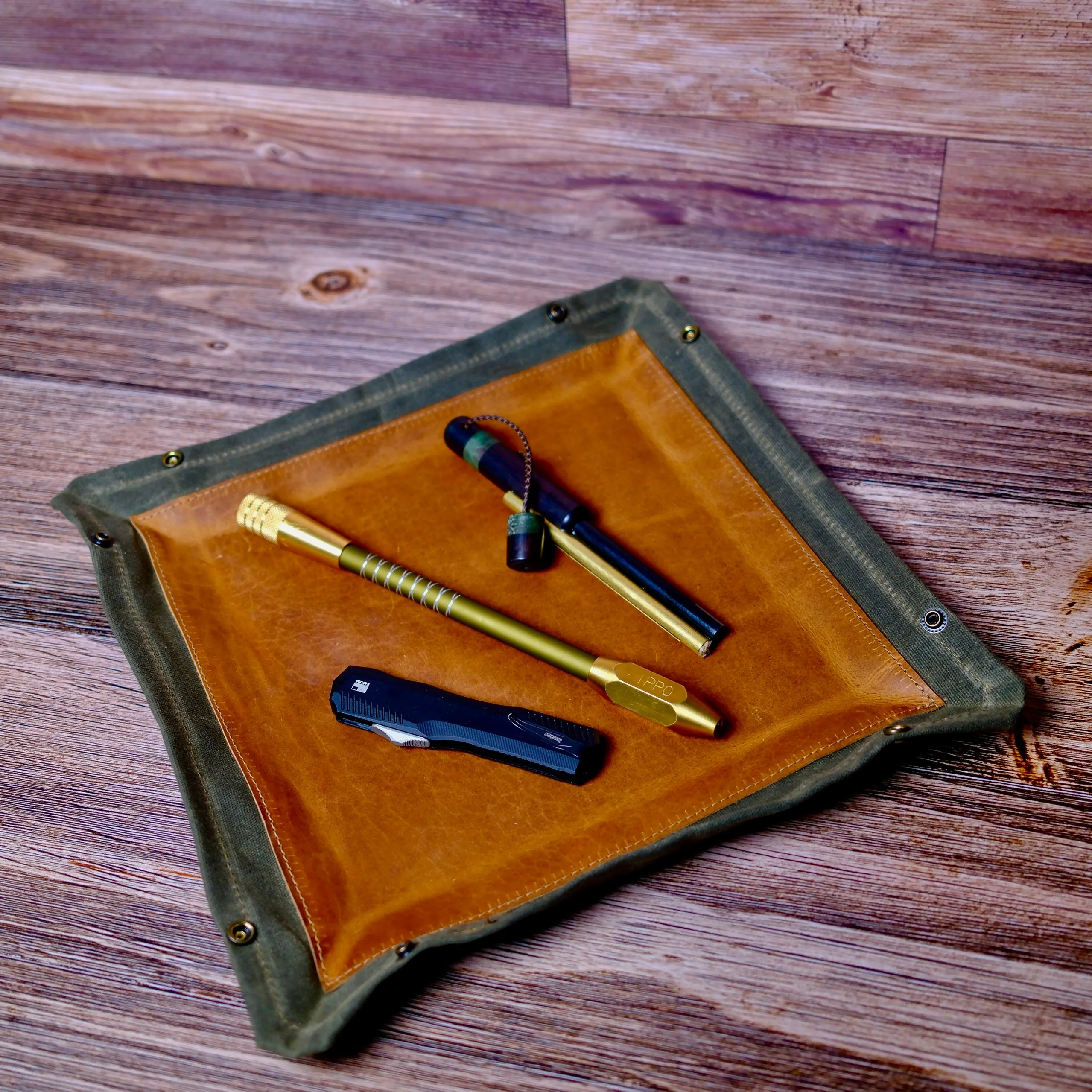 Large Leather Lined Lined Waxed Canvas Desk Caddy Organinzer Tray Butler