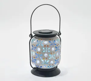 LED 10"H Mosaic Glass Lantern with shepherd hook, Dragonfly,zq2sp6515s
