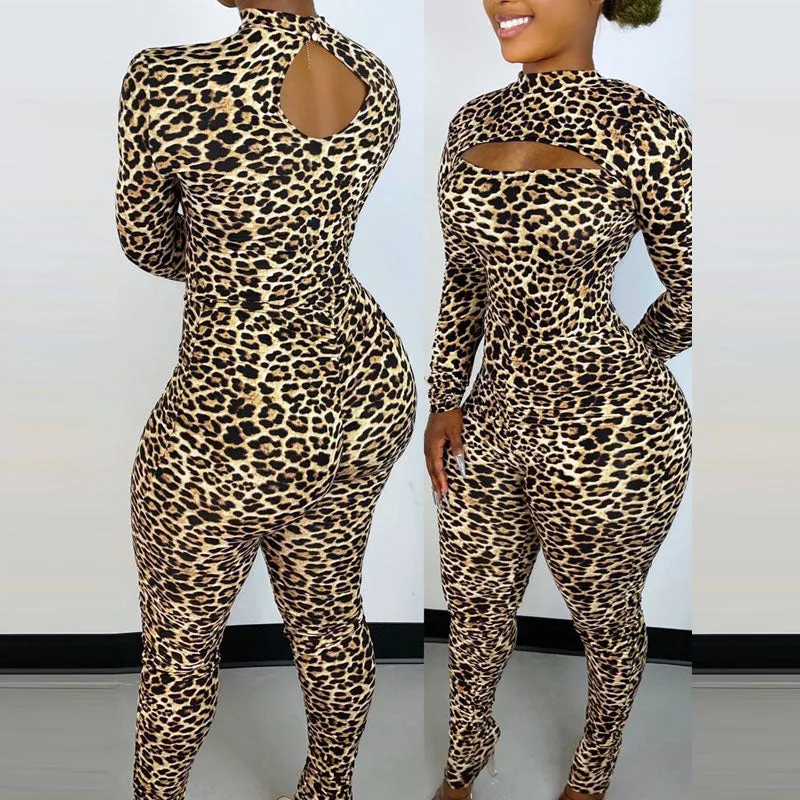 Leopard Print Long Sleeve Cut Out Jumpsuit