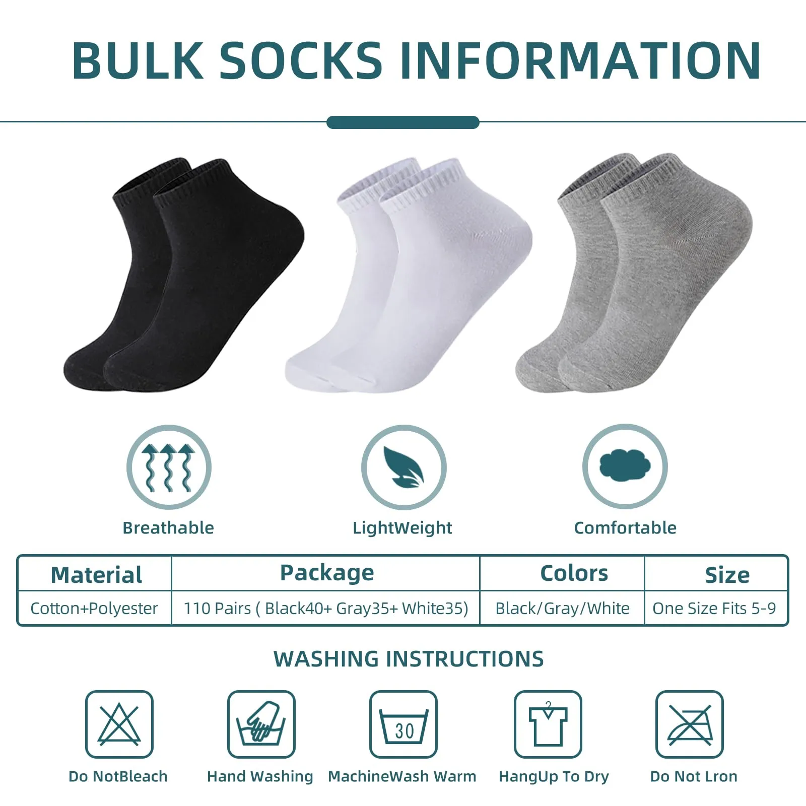 Liubeili 110 Pairs Mens Socks Bulk Breathable Casual Sports Ankle Socks Bulk for Homeless Unisex Adult (Low cut ankle socks, Cotton Polyester)