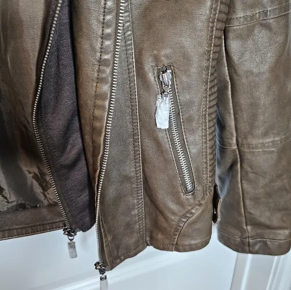 LOCK &amp; LOVE WOMEN'S BROWN LONG SLEEVE HOODED MOTORCYCLE JACKET SIZE M