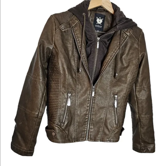 LOCK &amp; LOVE WOMEN'S BROWN LONG SLEEVE HOODED MOTORCYCLE JACKET SIZE M