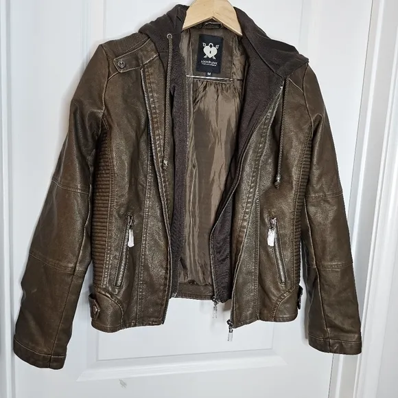 LOCK &amp; LOVE WOMEN'S BROWN LONG SLEEVE HOODED MOTORCYCLE JACKET SIZE M