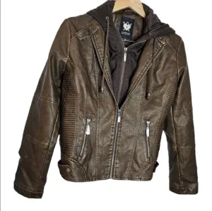 LOCK &amp; LOVE WOMEN'S BROWN LONG SLEEVE HOODED MOTORCYCLE JACKET SIZE M