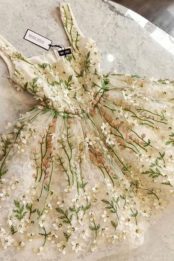 Lovely Flowers Straps Short Prom Dresses Lace Homecoming Dresses HD0122