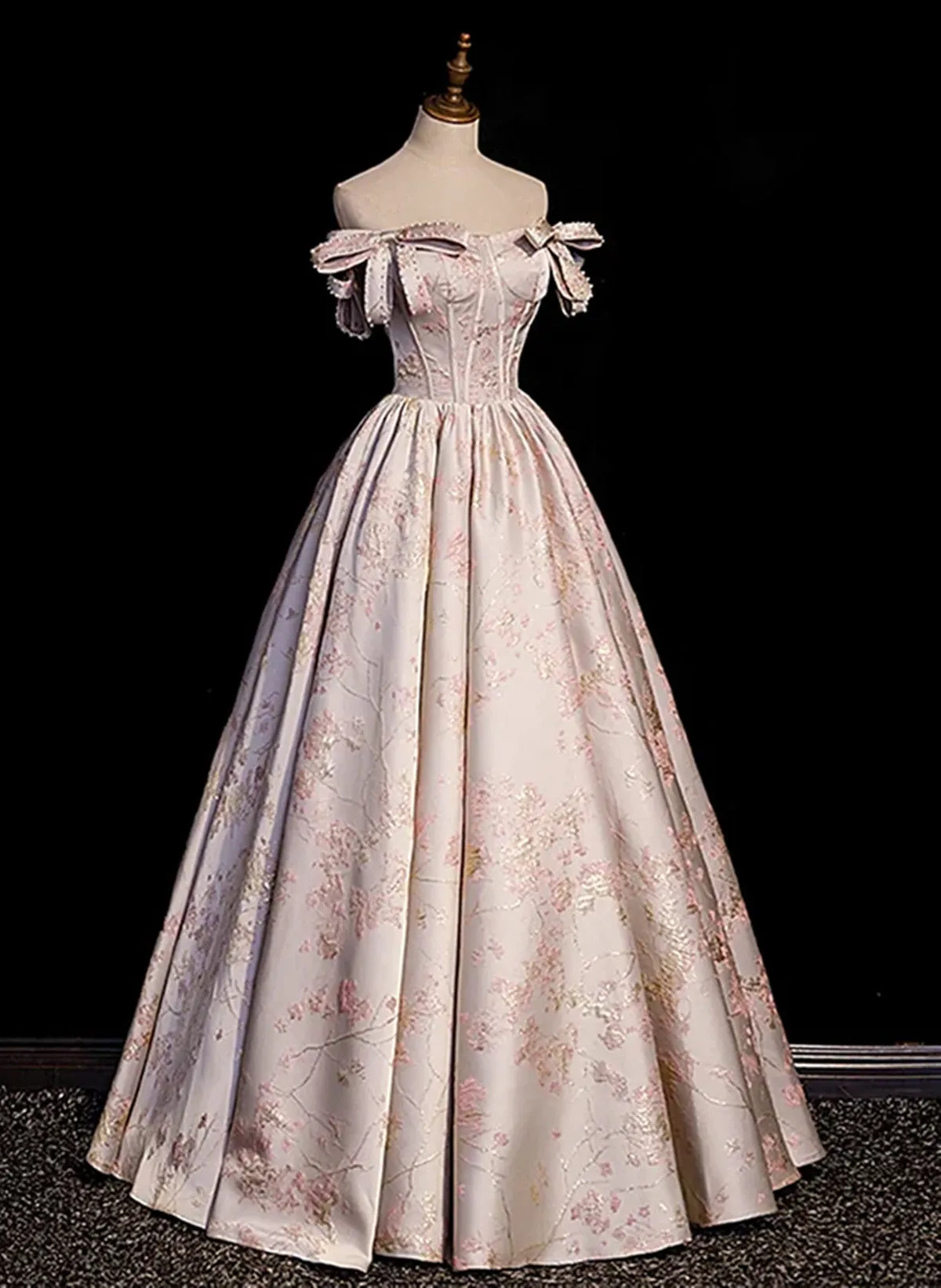 Lovely Pink Statin Off Shoulder Floral Long Party Dress, Pink Sweetheart Prom Dress Evening Dress