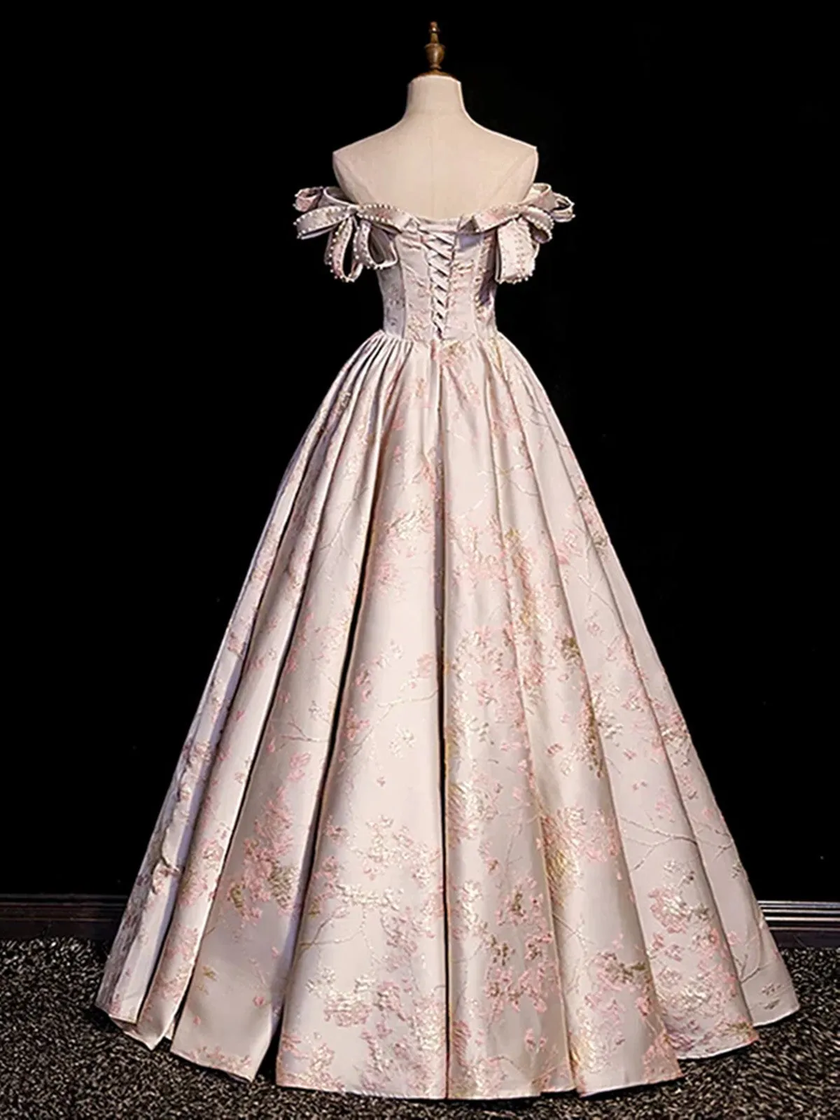 Lovely Pink Statin Off Shoulder Floral Long Party Dress, Pink Sweetheart Prom Dress Evening Dress