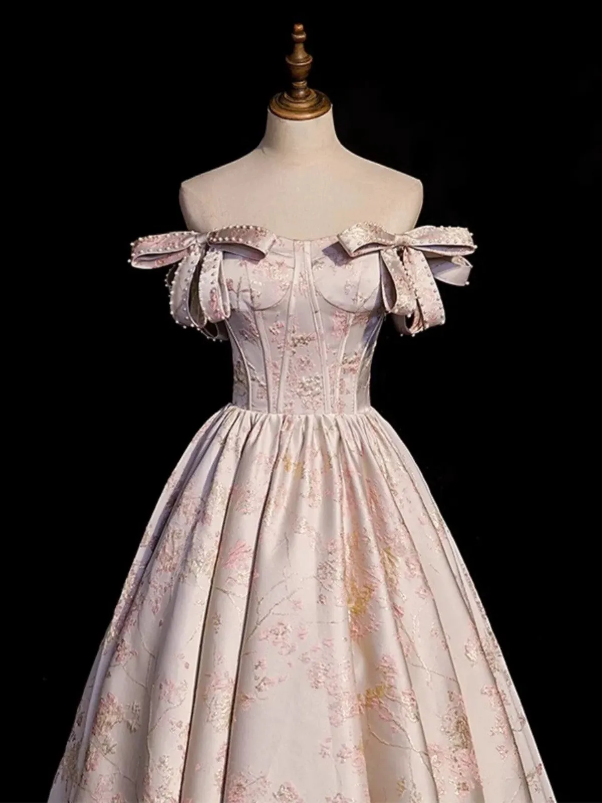 Lovely Pink Statin Off Shoulder Floral Long Party Dress, Pink Sweetheart Prom Dress Evening Dress