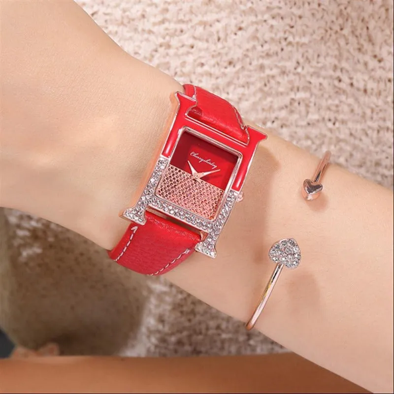 Luxury Leather Rectangle Watche Women Diamond Quartz Watch