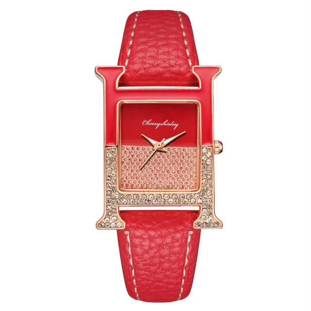 Luxury Leather Rectangle Watche Women Diamond Quartz Watch