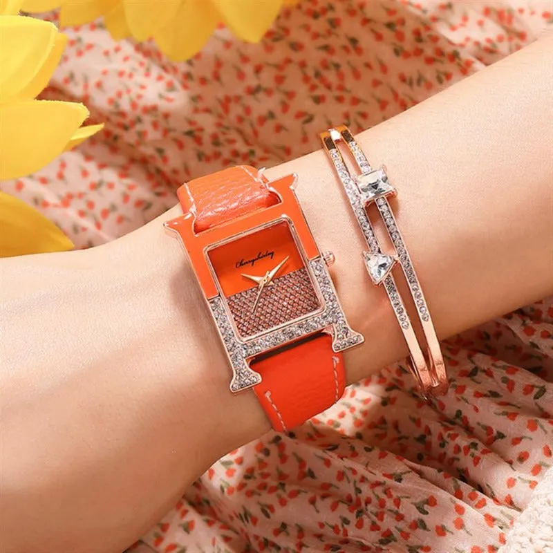 Luxury Leather Rectangle Watche Women Diamond Quartz Watch