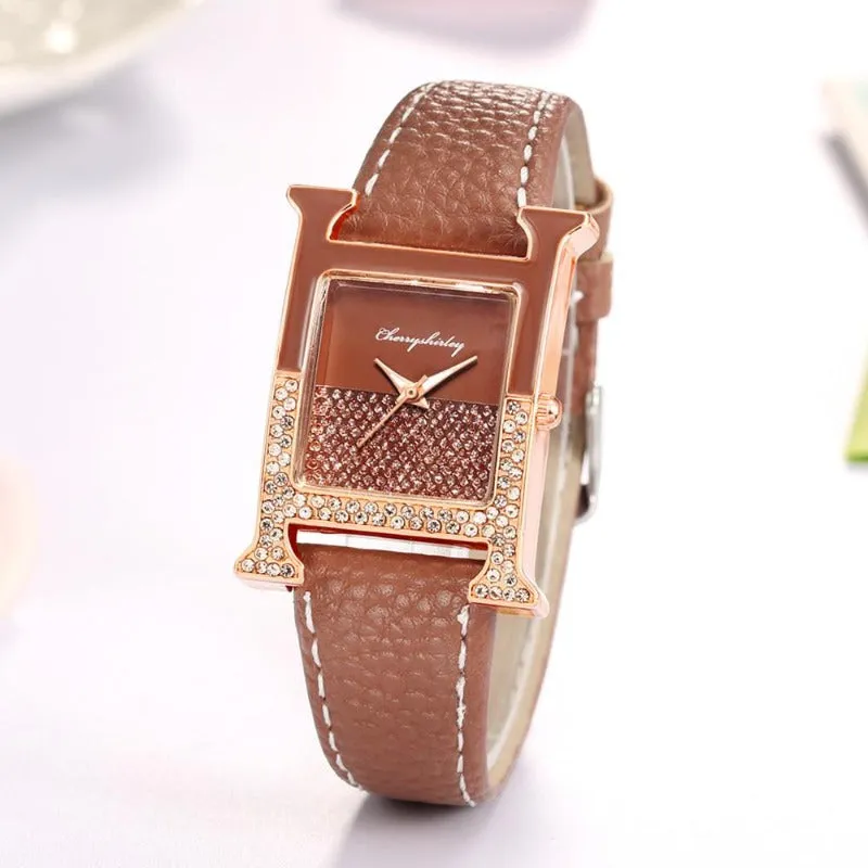 Luxury Leather Rectangle Watche Women Diamond Quartz Watch
