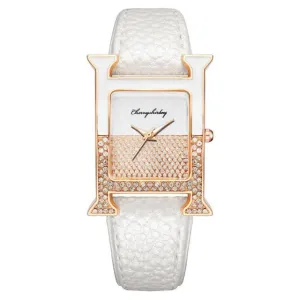 Luxury Leather Rectangle Watche Women Diamond Quartz Watch