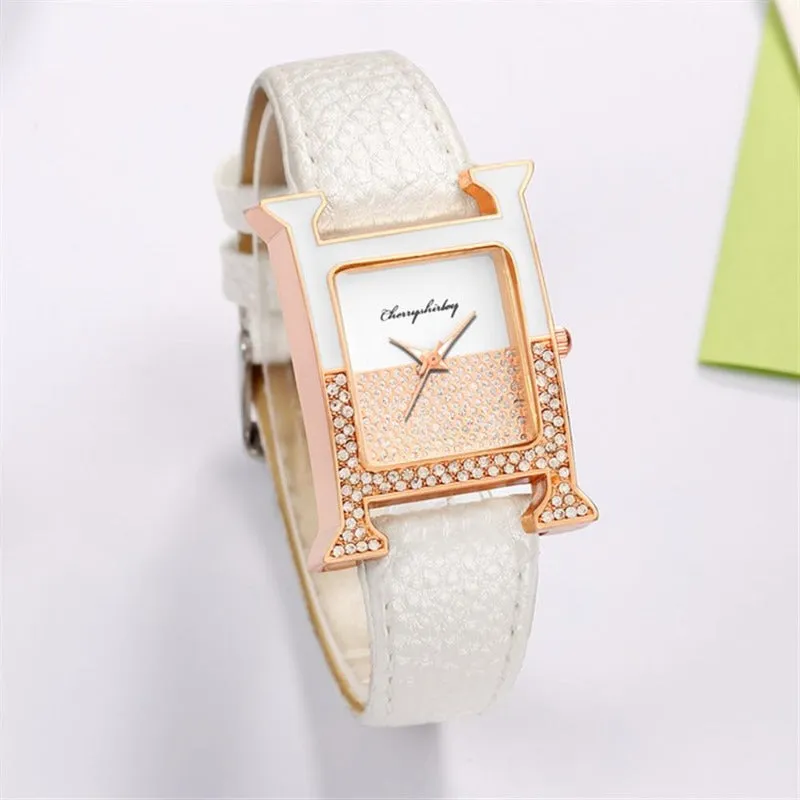 Luxury Leather Rectangle Watche Women Diamond Quartz Watch