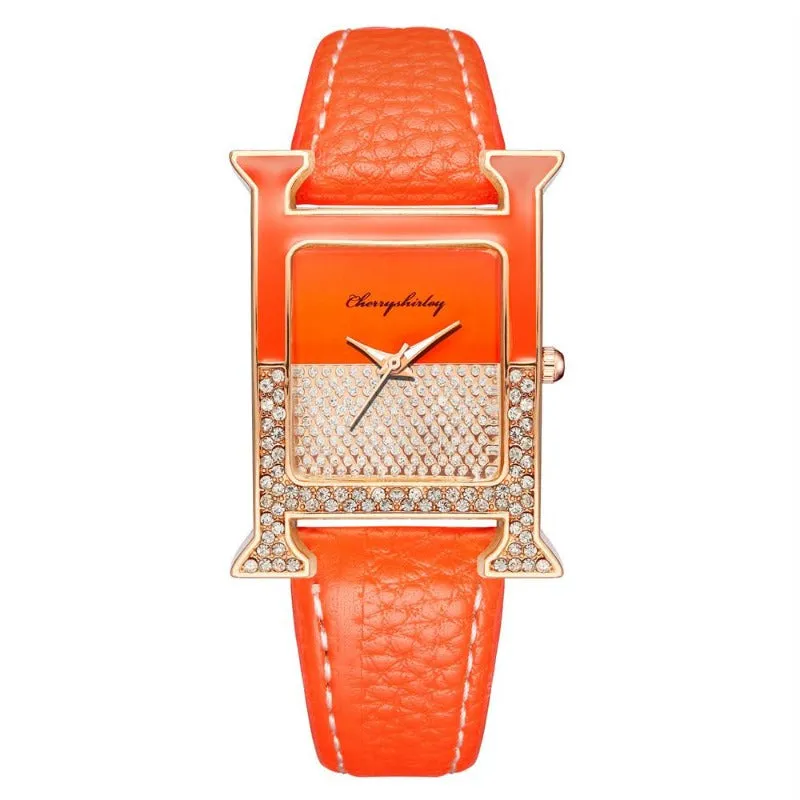 Luxury Leather Rectangle Watche Women Diamond Quartz Watch