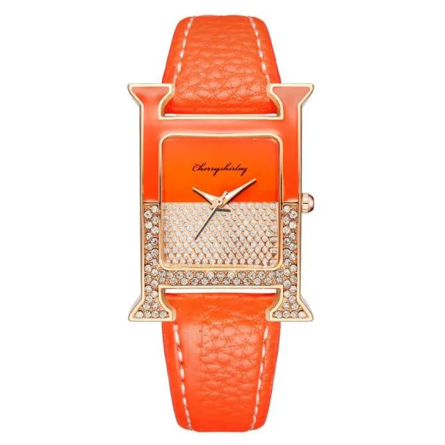 Luxury Leather Rectangle Watche Women Diamond Quartz Watch