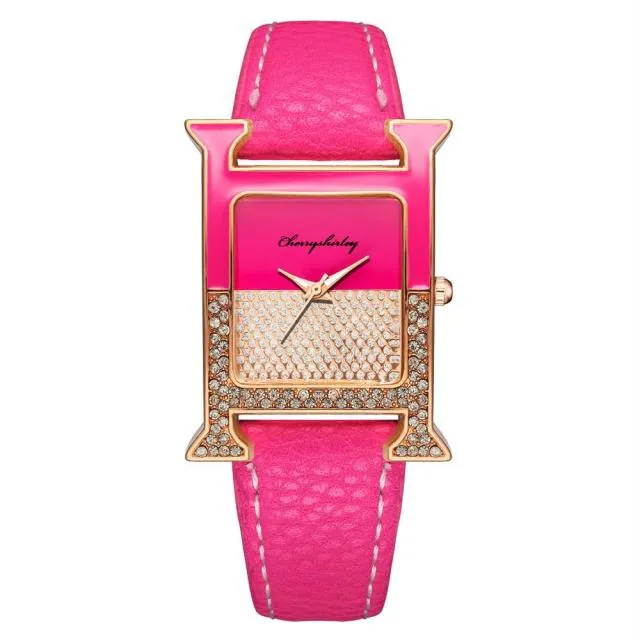 Luxury Leather Rectangle Watche Women Diamond Quartz Watch