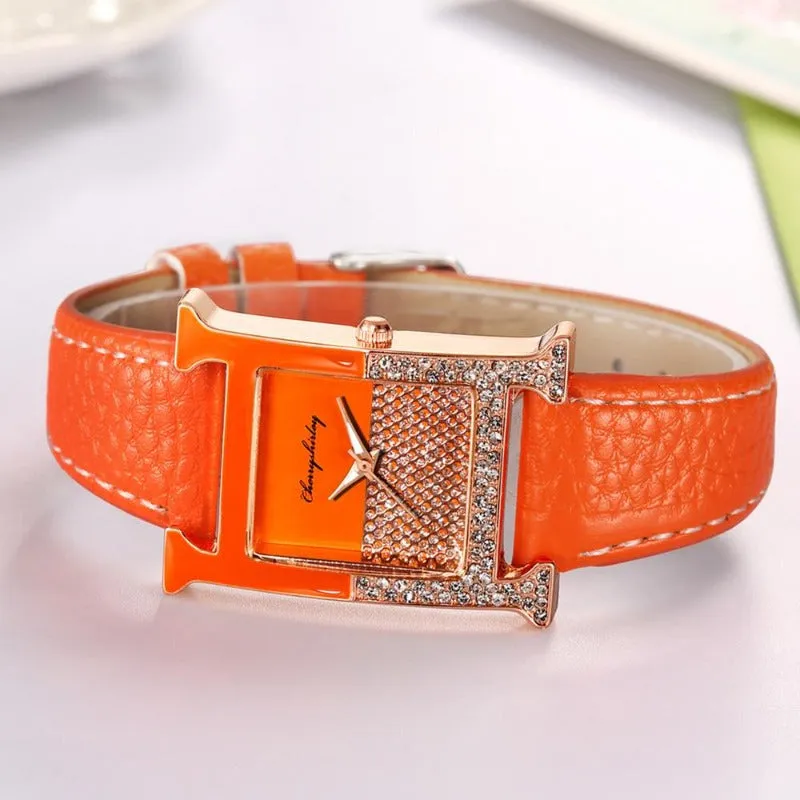 Luxury Leather Rectangle Watche Women Diamond Quartz Watch