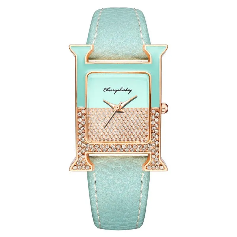 Luxury Leather Rectangle Watche Women Diamond Quartz Watch