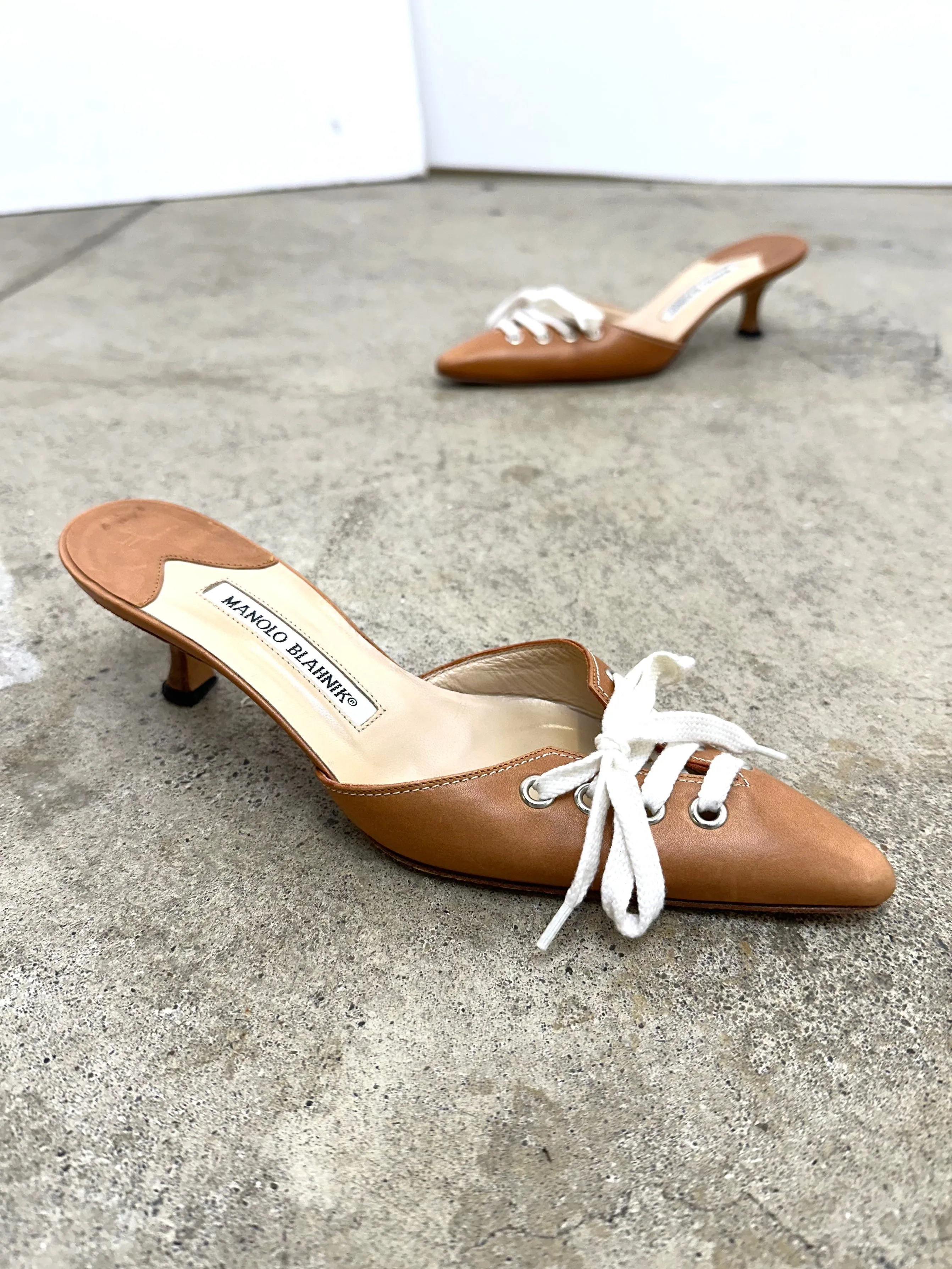 Manolo Blahnik Lace-Up Kitten Heels