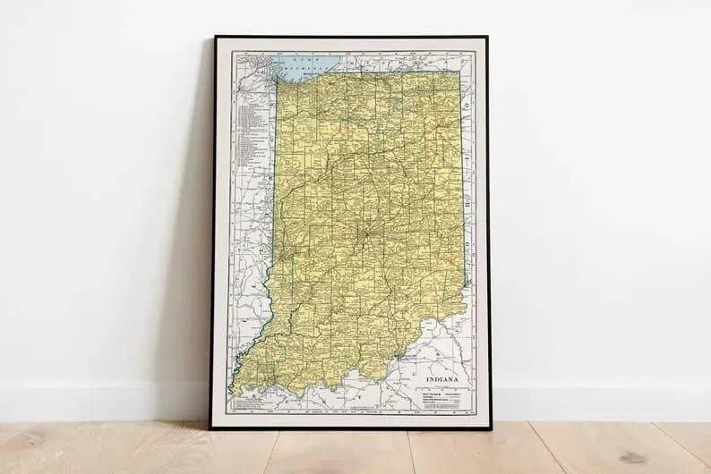 Map of State of indiana| Vintage indiana Map Print