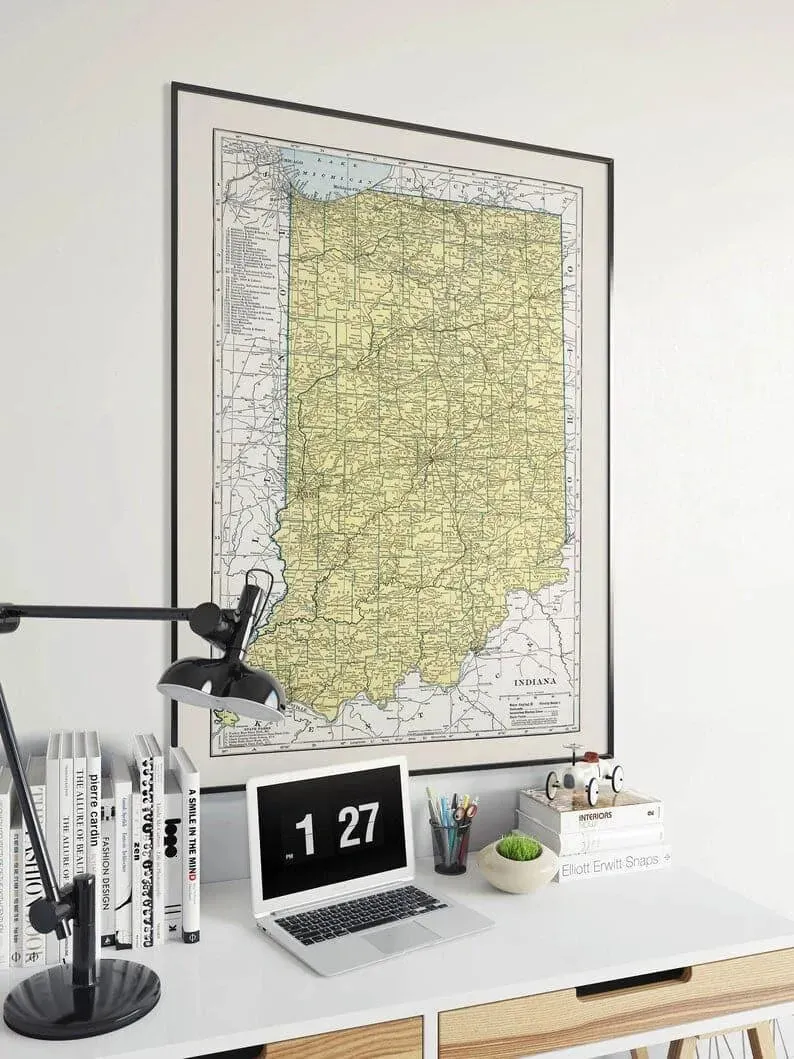 Map of State of indiana| Vintage indiana Map Print