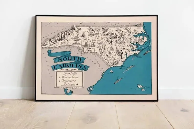 Map of State of North Carolina| Vintage Map Print