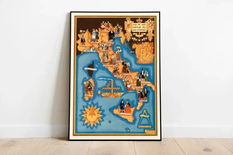 Map of the Popular Italian Costumes| Vintage Italy Fashion Print